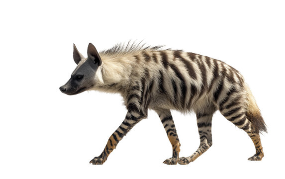 Striped hyena walking on white background with bright studio lighting showing coarse fur and detailed facial features Isolated on transparent background PNG