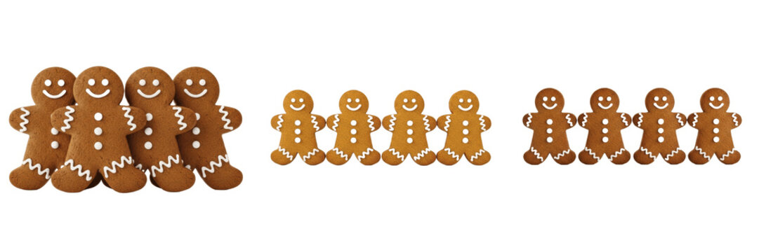 Set and collection of classic Christmas gingerbread man cookies border pattern festive baking isolated on white transparent png background