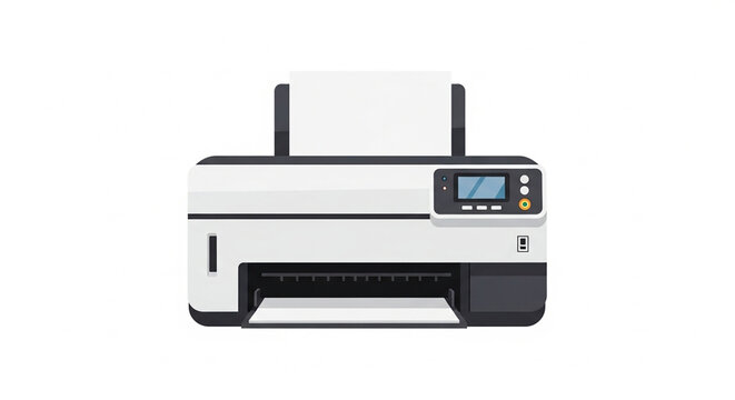 A modern white multifunction printer icon with a control panel and paper tray