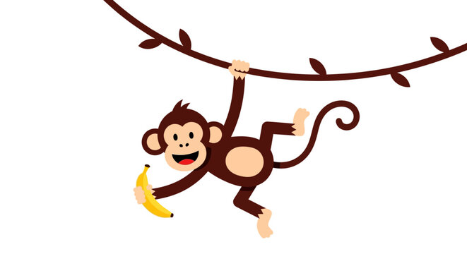 Happy cartoon monkey swinging on branch with banana