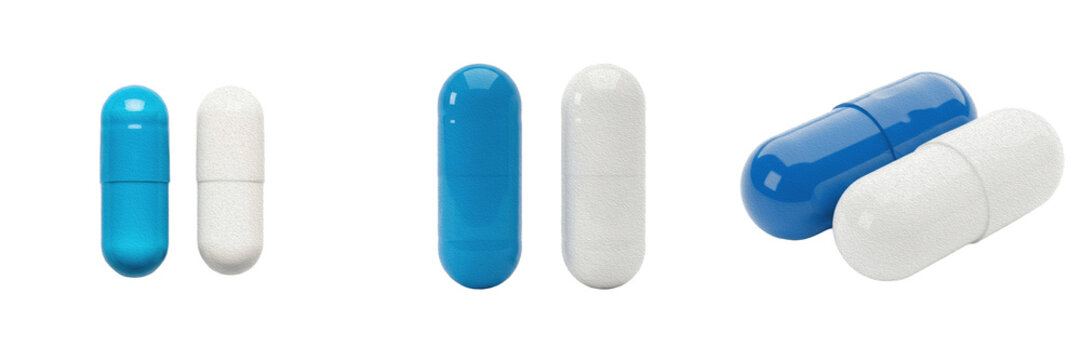Set and collection of medical blue and white capsule pills medication antibiotic healthcare pharmacy isolated on white transparent png background