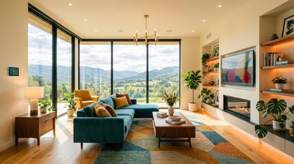 Fototapeta premium Modern living room with large floor to ceiling windows overlooking hills featuring teal sofa and colorful rug