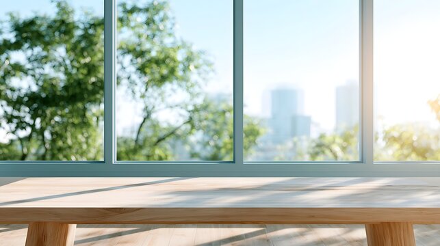 Bright daylight streams through large  illuminating a modern interior with a view of lush green foliage outside