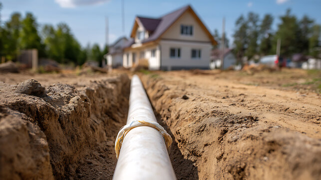 Underground pipe installation for new construction with white residential building visible in the background against a blue sky