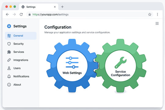 User interface for application settings and service configuration with gear icons