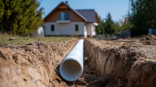 White utility pipe lay in a freshly dug trench, guiding connection through the earth to a residential building under construction on a sunny day