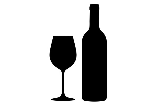 Silhouette of a wine bottle and a wine glass on a white background