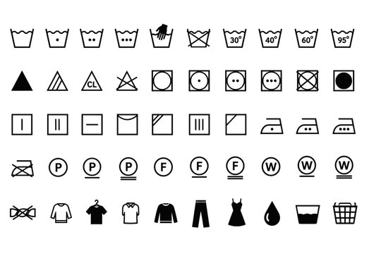 Collection of laundry care symbols and clothing maintenance icons