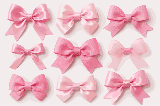 Collection of various pink satin and grosgrain ribbon bows arranged on a white background