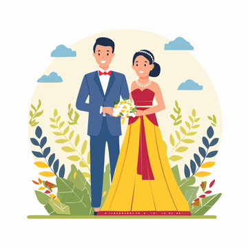 Wedding Couple in Traditional Attire with Bouquet