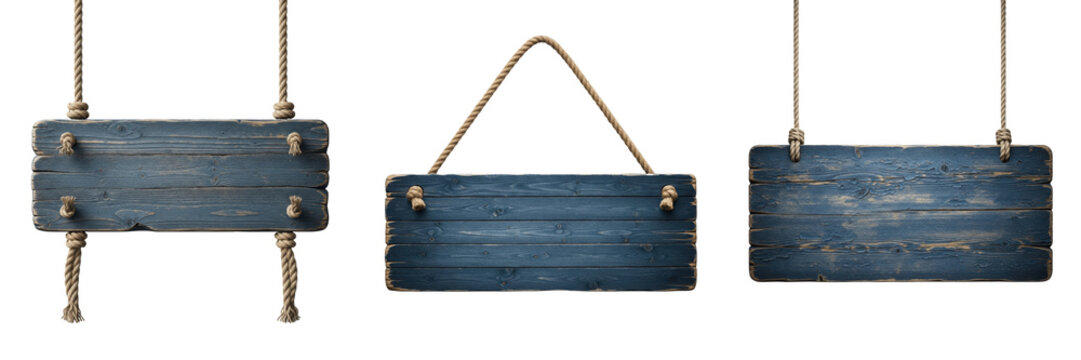 Set and collection of rustic empty dark blue wooden hanging sign board notice frame isolated on white transparent png background