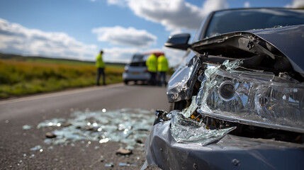 Fototapeta premium Front view of damaged vehicle headlight and bumper after road collision, with shattered glass on asphalt, emergency personnel in background