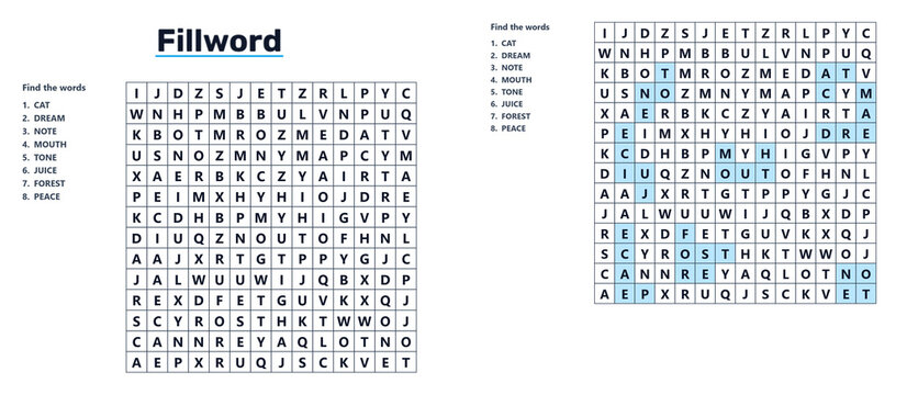 Fillword puzzle with highlighted words in blue on white background  