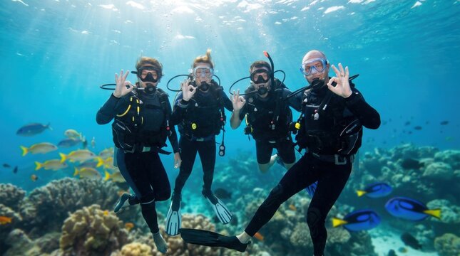 Group of smiling scuba divers showing ok hand sign underwater near tropical coral reef