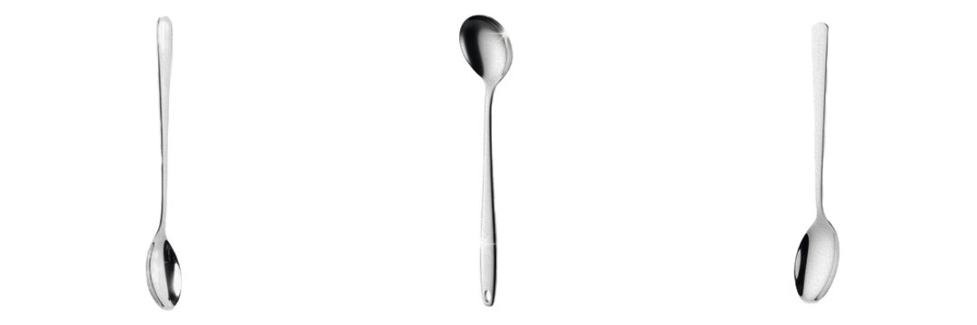 Set and collection of sleek metallic silver long handle stirring spoon kitchen bar tool tableware asset isolated on white transparent png background