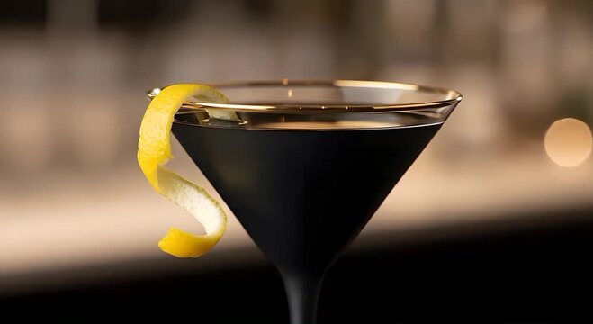 Dark martini cocktail with yellow lemon twist garnish in glass.