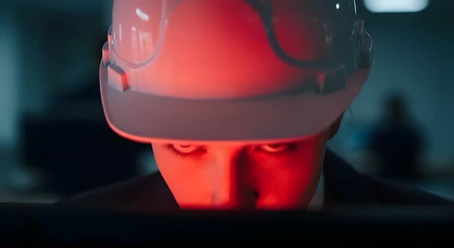 Female engineer in hard hat lit by red light.