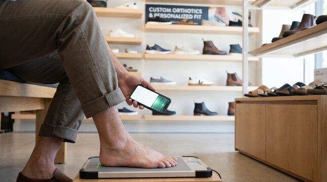 Customer using smartphone app for 3d foot scan to get custom fitted orthotics in shoe store