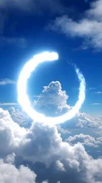 Glowing smile symbol made of light in blue cloudy sky.