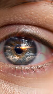 Human eye close up with sky and clouds reflection in pupil.