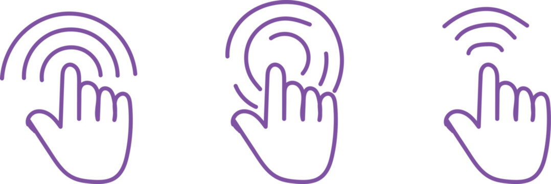 Purple outline of hands touching a screen with concentric ripple waves for interaction