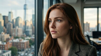 Fototapeta premium Young woman gazing thoughtfully from office window with skyline