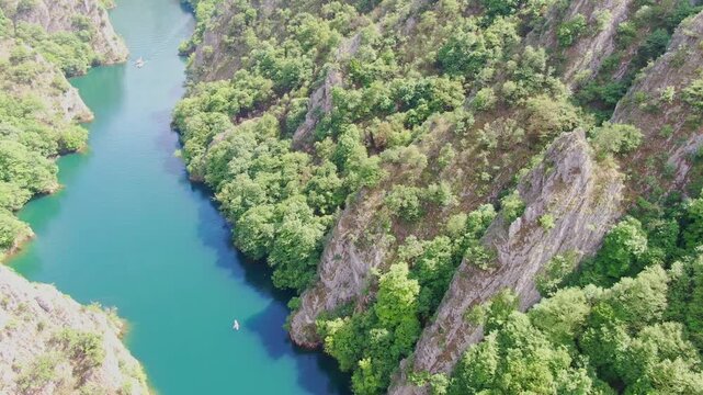 Aerial View of Canyon Matka: Nature's Reserve near Skopje, North Macedonia. Top View on River Between Mountains. Drone Video