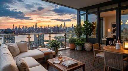 Fototapeta premium Balcony lounge overlooking city skyline during sunset from high rise apartment terrace with outdoor seating and potted plants