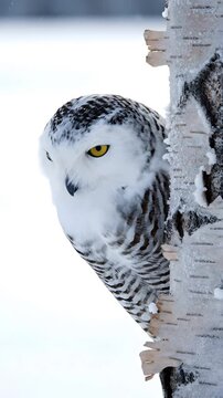 Snowy owl peeking from behind a birch tree trunk.