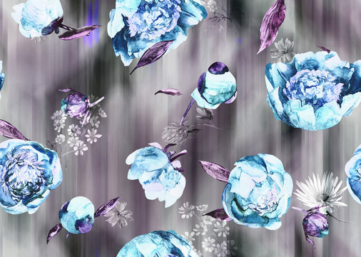 Seamless textile pattern with peonies on a blur background. Eclecticism, realistic flowers, and digital drawing for textiles and design.