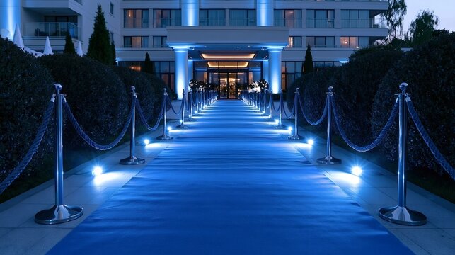 Blue carpet entrance leading guests into a prestigious hotel or event venue, illuminated by bright spotlights and flanked by stanchions, symbolizing luxury, vip access, and exclusivity