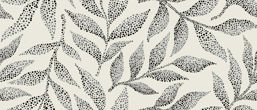 Leaves branch and Hand Drawn doodle Scribble floral plants banner. seamless pattern. Creative minimalist Abstract art background. Design wall decoration, postcard, poster or brochure
