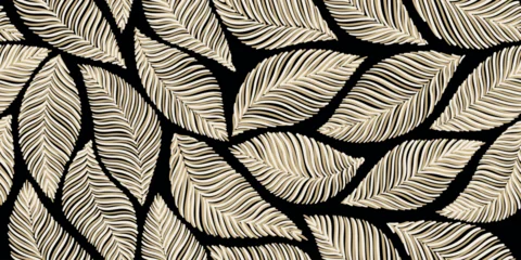 Tropical line art leaves seamless background vector. Wallpaper design with leaves shapes and scribble doodle linear leaf. vintage botanical floral seamless pattern © Hulinska Yevheniia