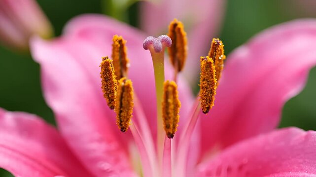 Closeup Macro Shot of a Vibrant Pink Lily Flower Stamen and Pistil.
