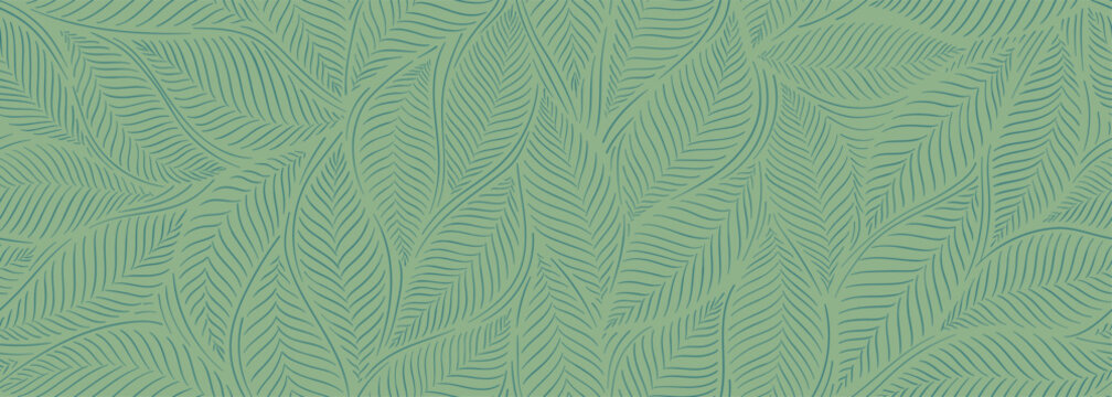 Abstract art vintage colors tropical line art leaves seamless background vector. Wallpaper design with leaves shapes and scribble doodle linear leaf. vintage botanical floral seamless pattern