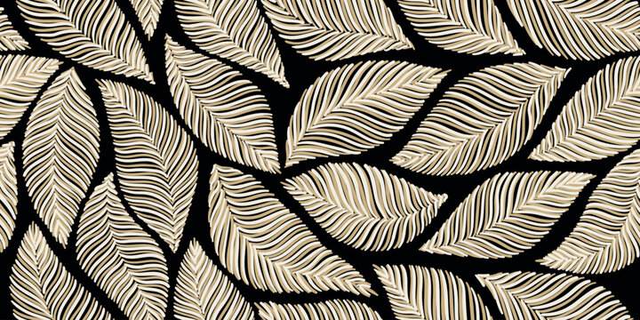 Tropical line art leaves seamless background vector. Wallpaper design with leaves shapes and scribble doodle linear leaf. vintage botanical floral seamless pattern