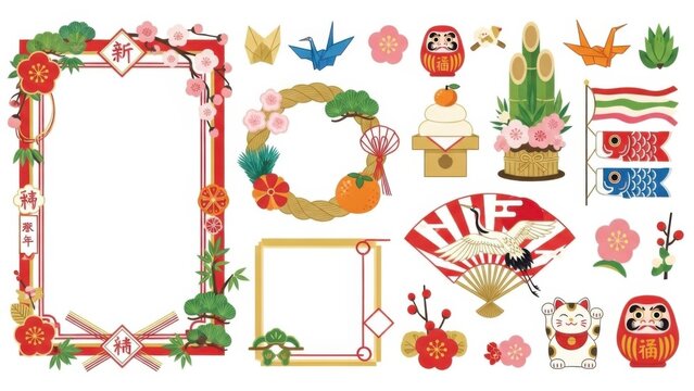 Elegant Lunar New Year celebration frame with festive decorations and zodiac animals in vibrant red and gold