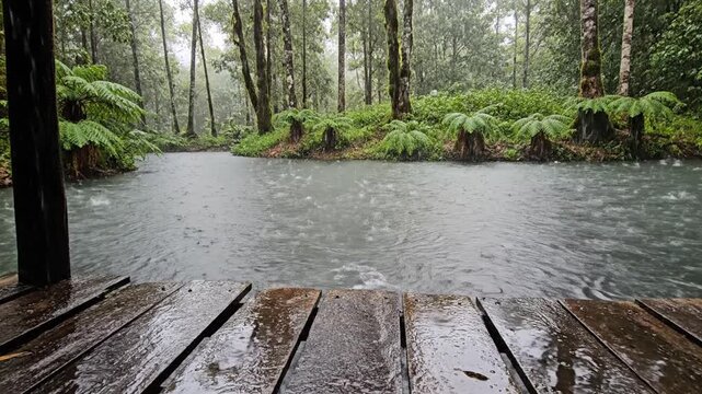 Wooden pier overlooking a misty lake during rainfall.