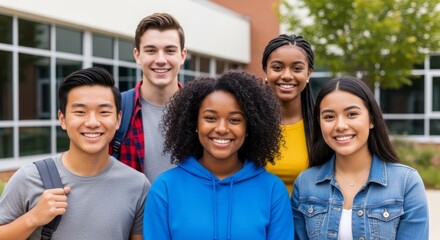 Obraz premium Group of diverse student friends smiling outside school building. Happy teenager, boy and girl standing together before class. Multicultural education, friendship and youth lifestyle concept.
