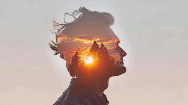 Artistic male profile with nature double exposure at sunset, peaceful thoughts, emotional wellness, creativity, human consciousness and mental health concept. male profile, nature