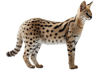 Obraz premium Serval wild cat shown in attentive pose on white background with soft shadows and realistic wildlife detail Isolated on transparent background PNG