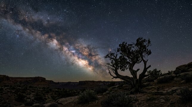 Milky way galaxy arching over a gnarled juniper tree in desert canyon