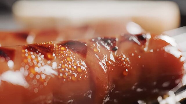 Closeup of glistening glazed sausage links with a hint of sauce.