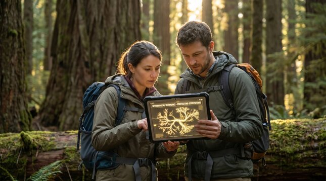 Biologists in forest using rugged tablet to study underground mycorrhizal fungi network data