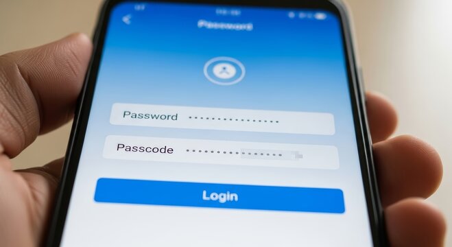 Hand holding smartphone with login screen and password field. User accessing mobile application account with digital authentication. Security and cybersecurity protection concept.