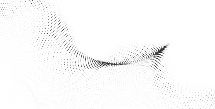 Abstract Black Pixel Swirl Background, Futuristic Geometric Dot Wave Pattern with Dynamic Optical Flow Motion on White Background