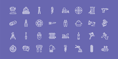 car parts outline icon set featuring panning, pincers, jumpsuit, starter icons. © VectorStockDesign