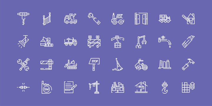 do it yourself outline icon set featuring pickaxes drilling, truck with crane, derrick with load, tiles detail of construction icons.