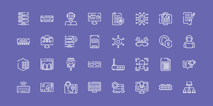 seo outline icon set featuring hosting server, humanoid, nanotechnology, site map icons.
