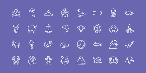 Fototapeta premium fauna outline icon set featuring tropical frop, angular mountain, cow head, female sheep head icons.